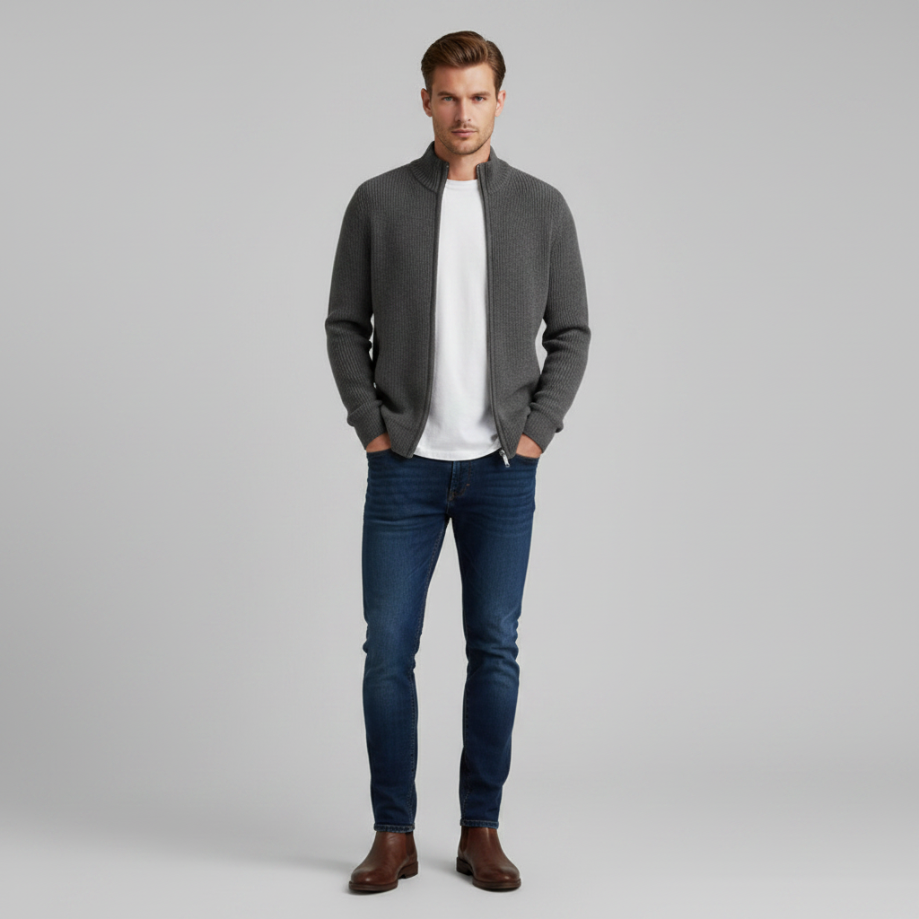 Men's Slim Fit Zip Cardigan | Stylish Ribbed Knit Jacket