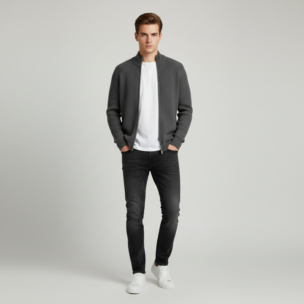 Men's Slim Fit Zip Cardigan | Stylish Ribbed Knit Jacket